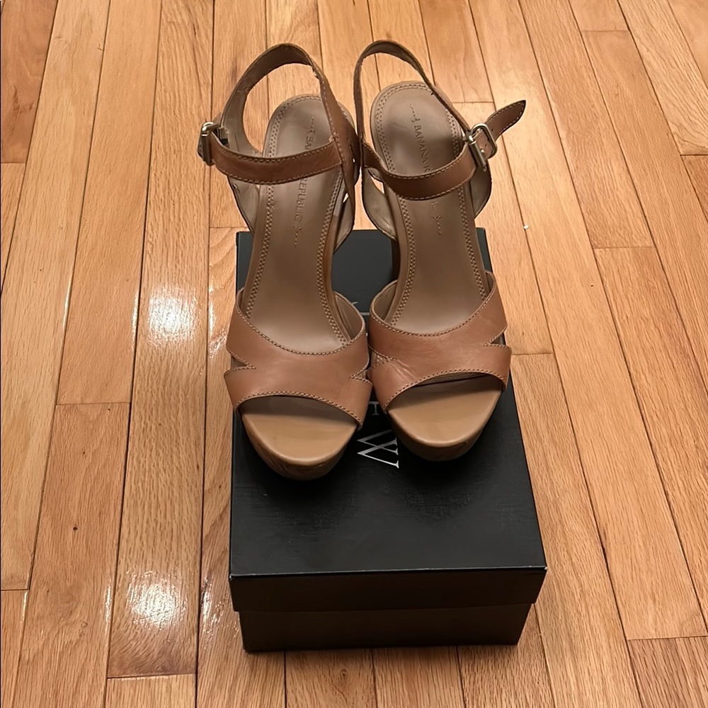 Banana Republic Leather 4.5" Cork Wedge Peep-Toe Sandals - Picture 2 of 5